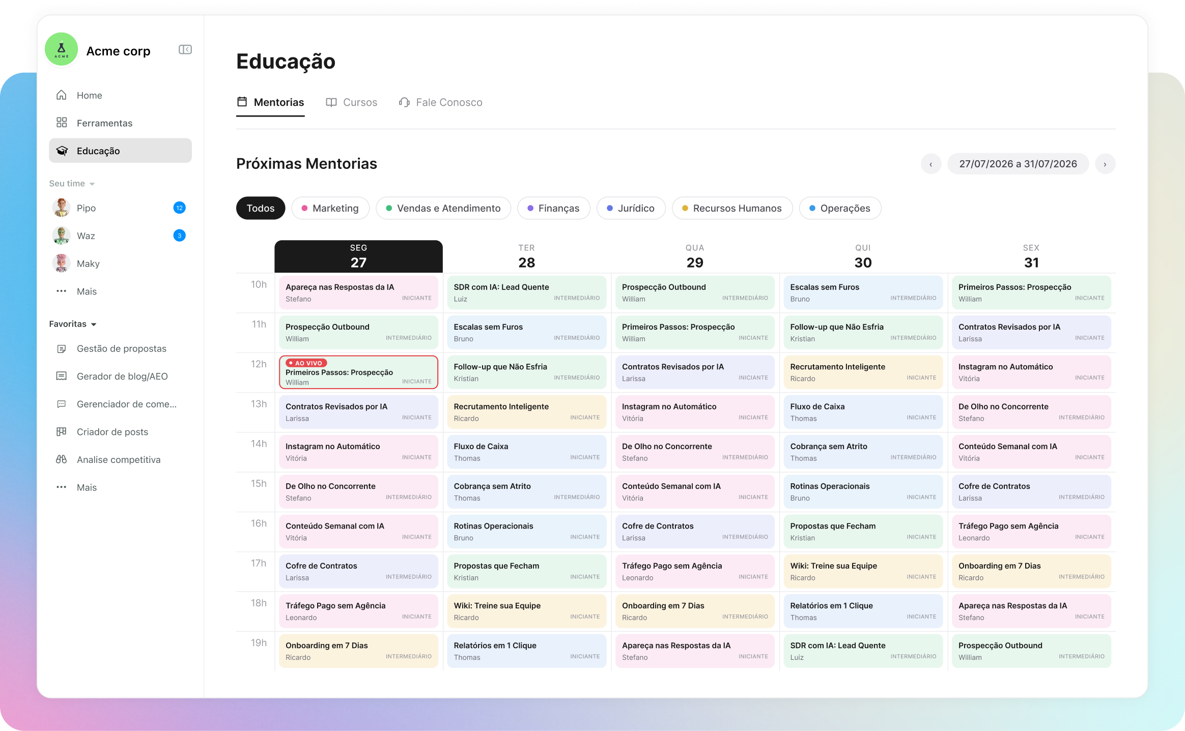 Painel de Educação do Squad com a agenda de mentorias da semana
