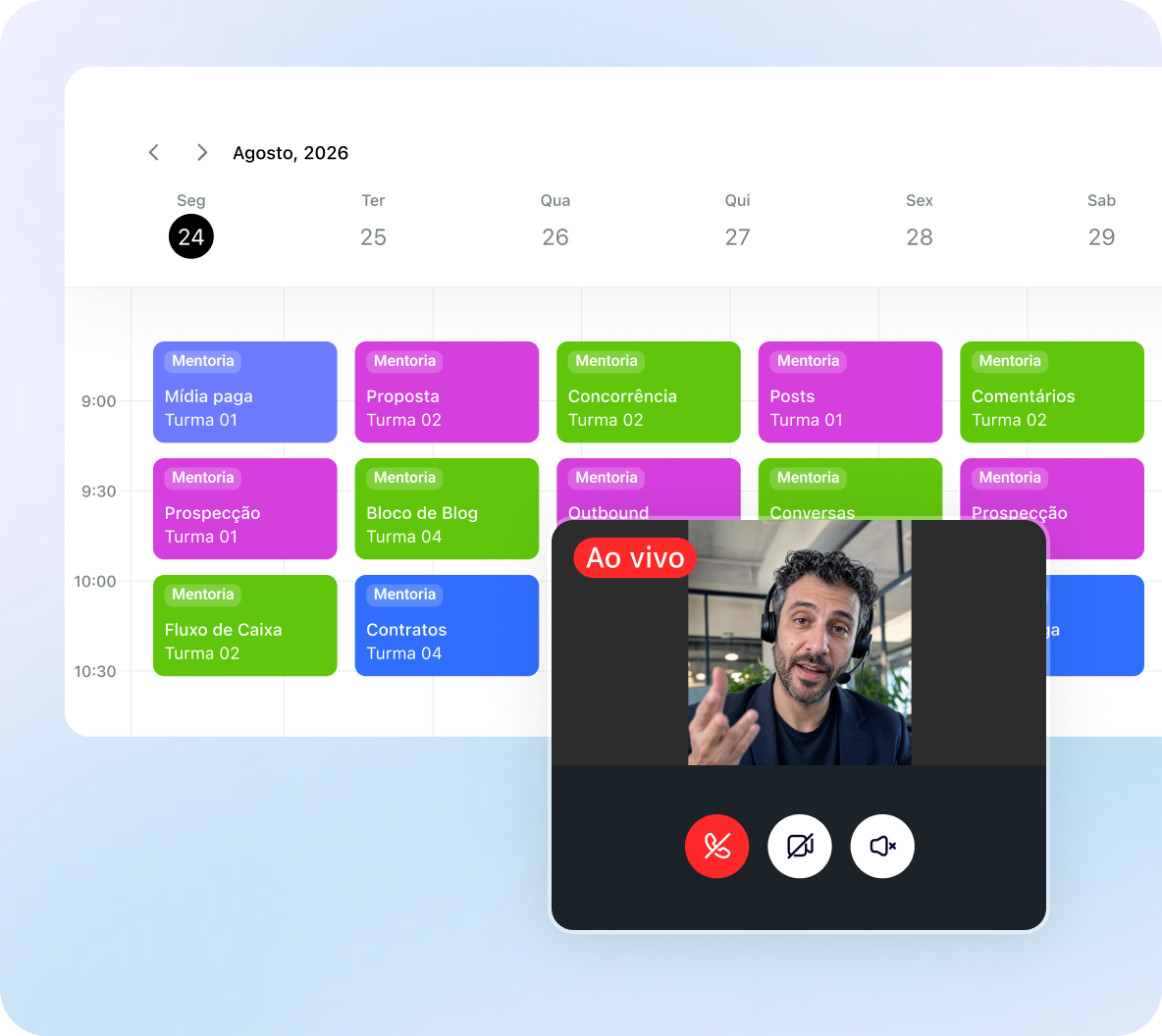 Calendário do Squad.com com mentorias agendadas e uma mentoria ao vivo em andamento